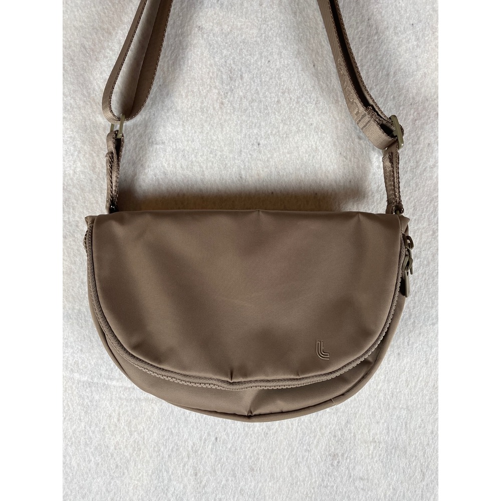 Lole Nylon Crossbody Bag‎ Taupe Brown Half Moon Adjustable Strap Small Purse